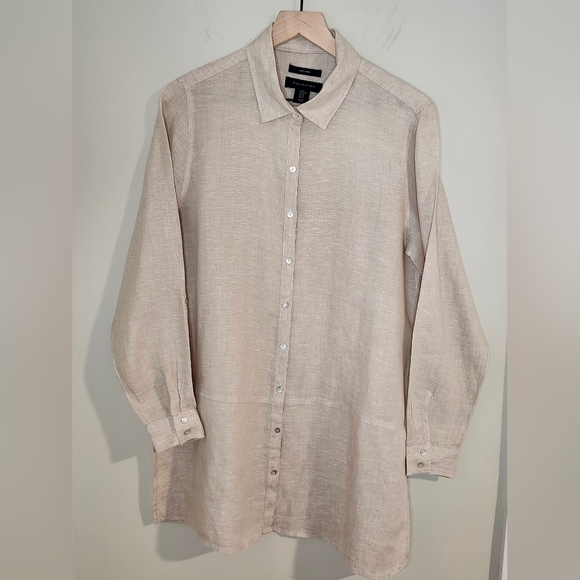 Tahari Women's 100% Linen Tunic Top Size M Khaki Roll Tab Minimalist Scandi Chic - Picture 5 of 9